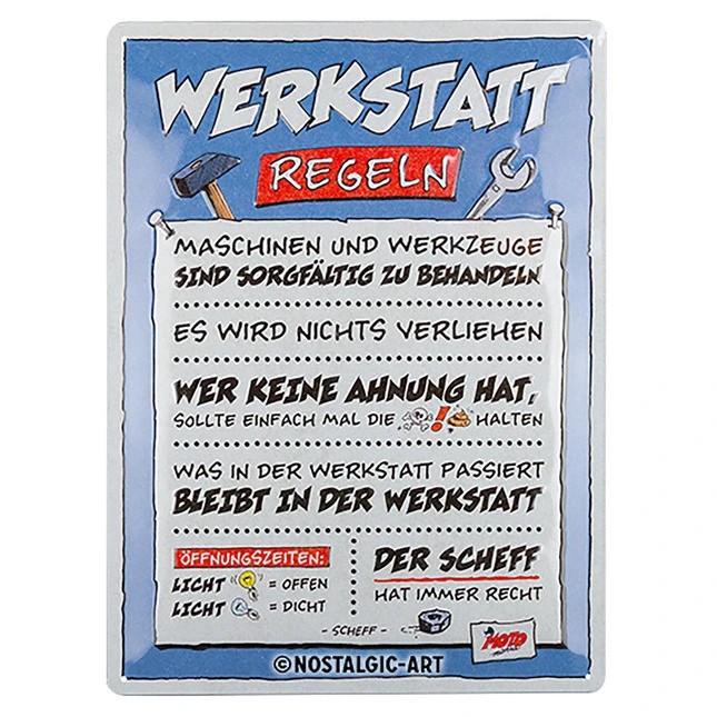 Motomania Blechschild Werkstattregeln