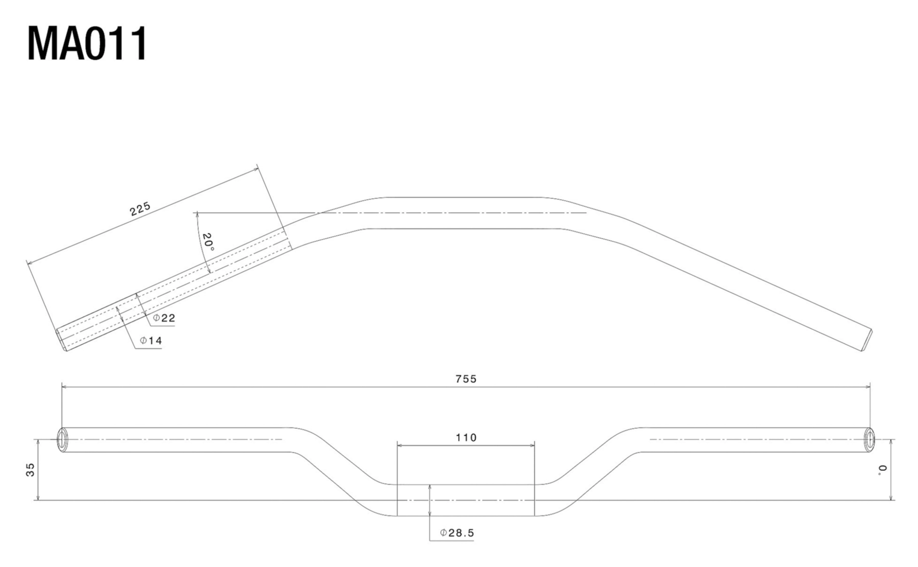 Tapered handlebar, aluminum