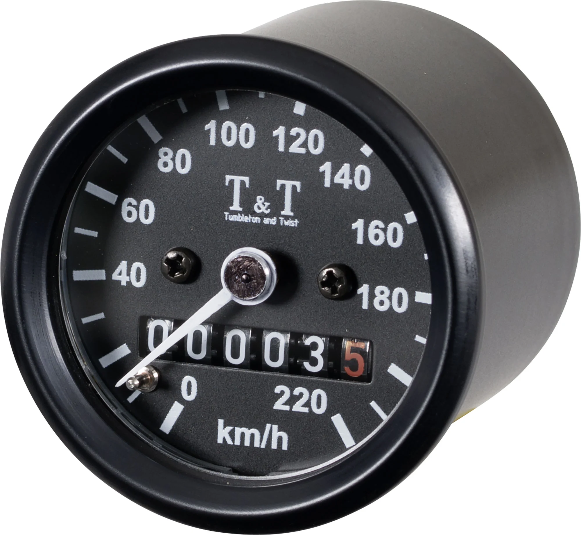 Analog-Tachometer, mechanischer Antrieb mit M12x1-Anschluss,  Tageskilometer, Fernlicht-, Neutral-, Öldruckkontroll- und Blinkerleuchte,  220km/h